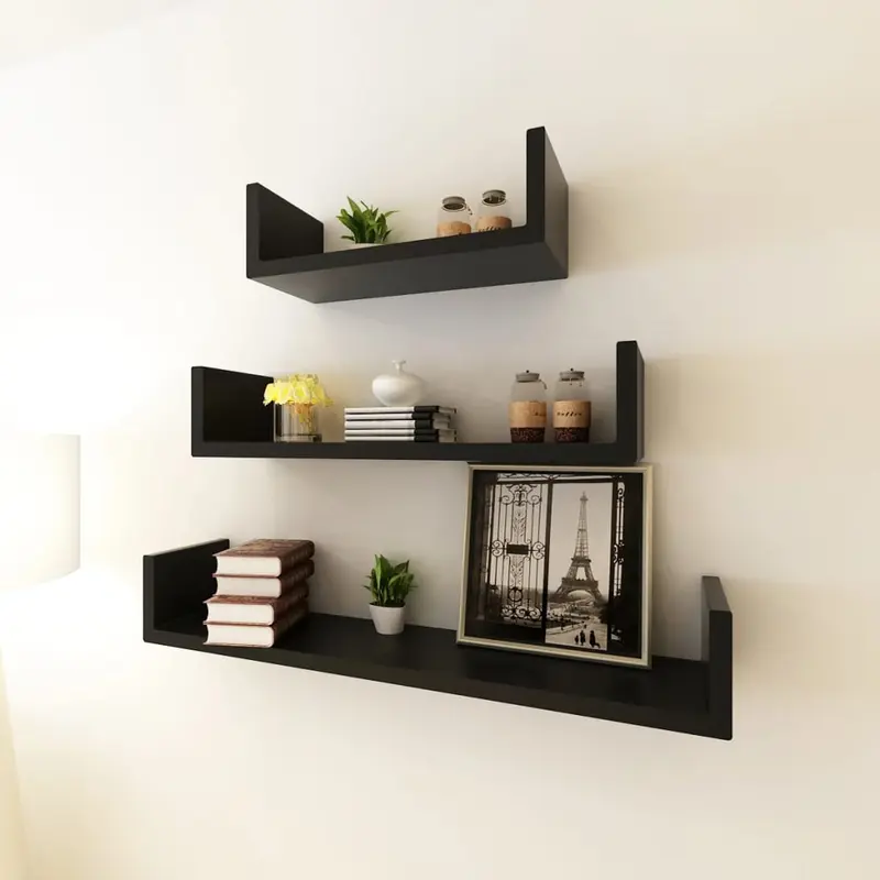 Estantes flotantes pared 3 pzas MDF negro forma U libros/DVD