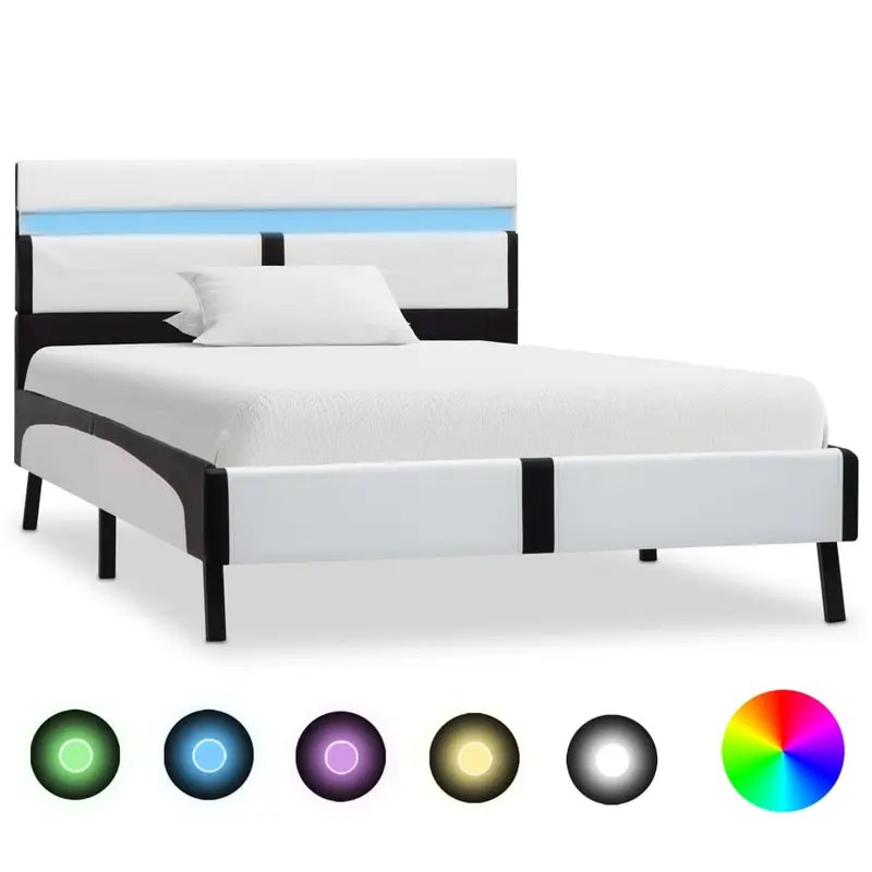 Estructura cama con LED cuero sintético blanco negro 90x200 cm