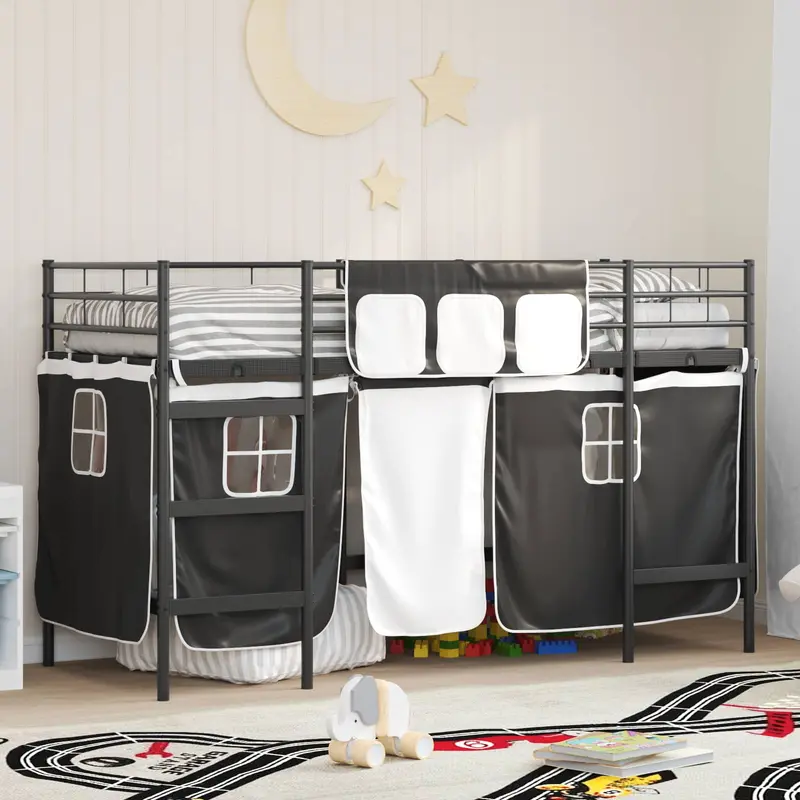 Estructura de Cama Alta para Niños con Cortinas Negro
