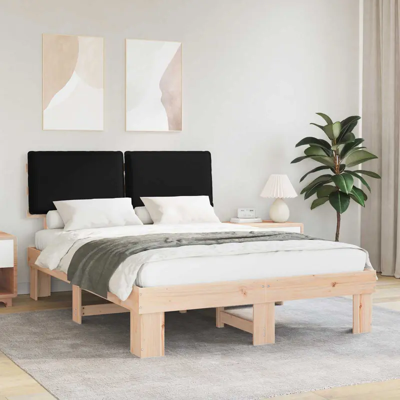 Estructura de Cama con Cabecera Tapizada Negro 140 x 190 cm