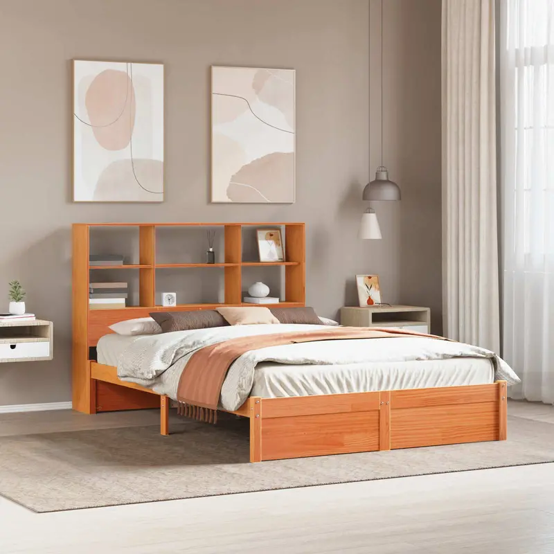 Estructura de Cama con Cabecero de Almacenamiento Marrón Cera
