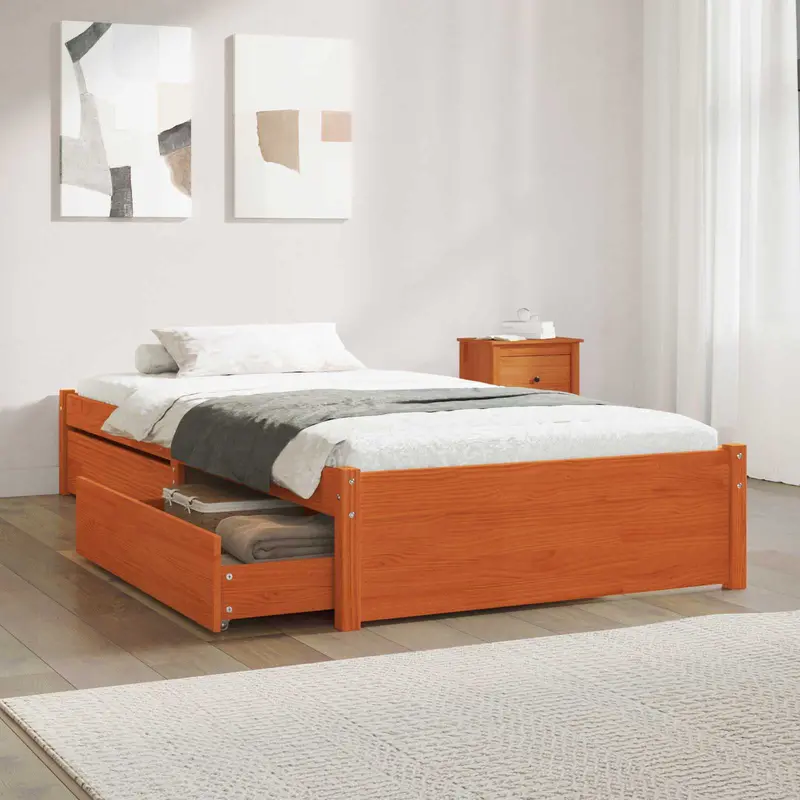 Estructura de cama con cajón 3 pcs Marrón cera Madera de pino