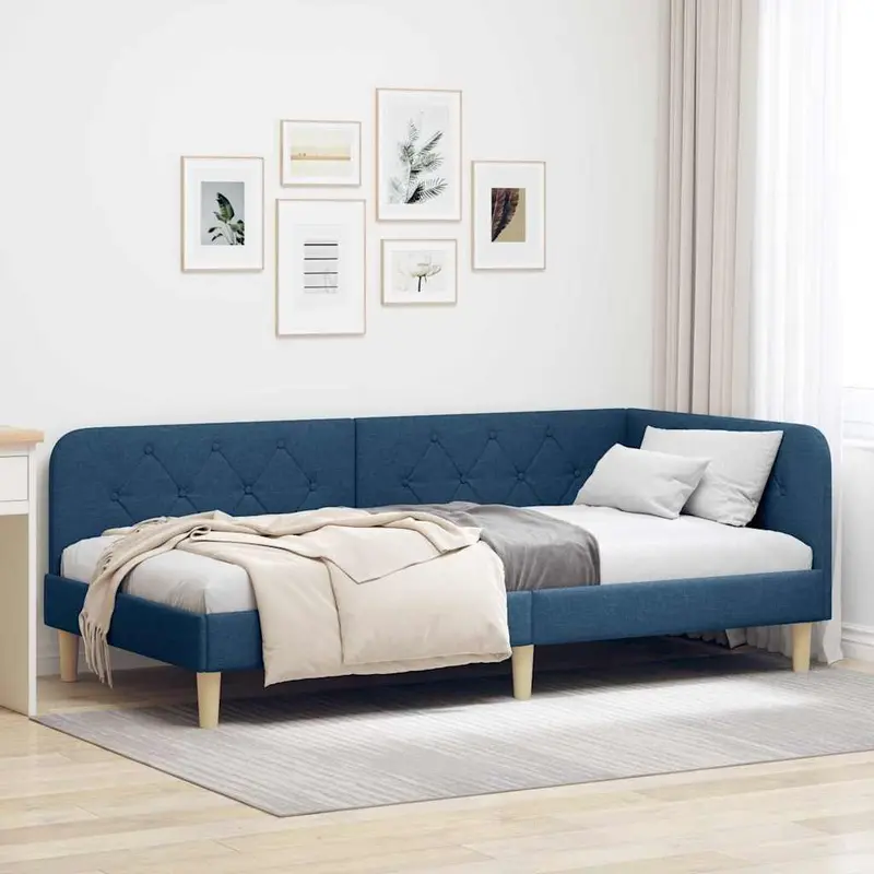 Estructura de cama en esquina Azul 90 x 190 cm tela