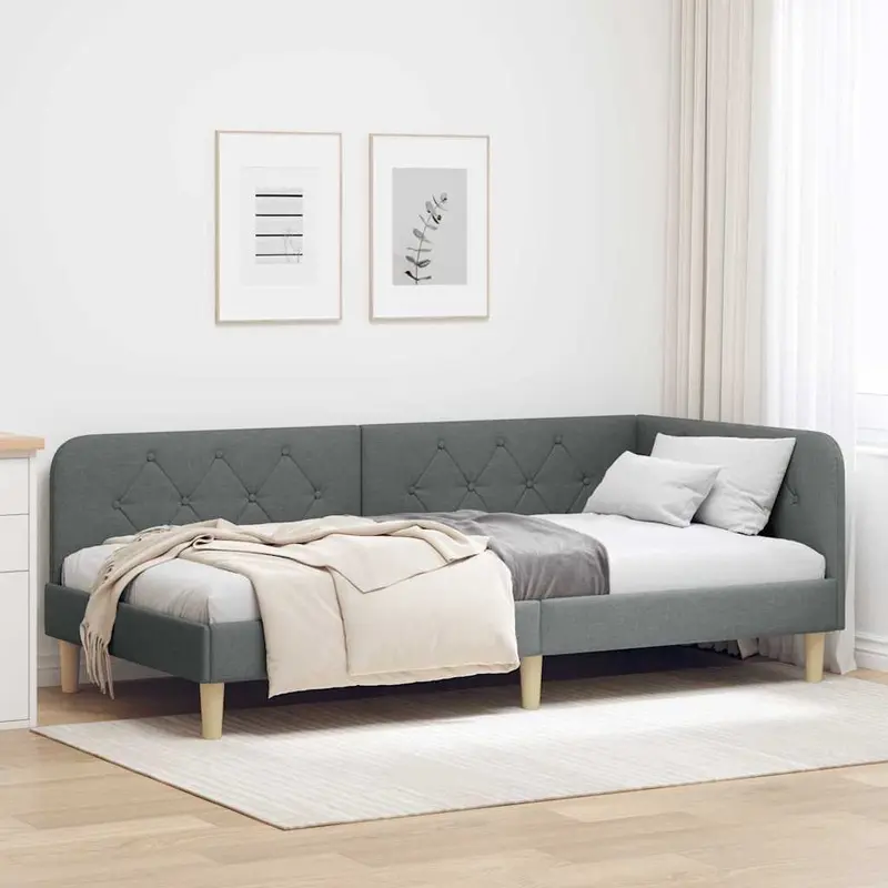 Estructura de cama en esquina Gris oscuro 90 x 200 cm tela