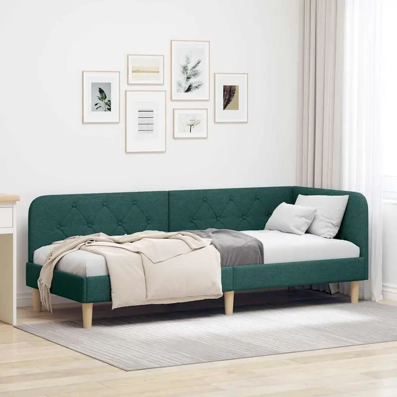 Estructura de cama en esquina Verde oscuro 80 x 200 cm tela