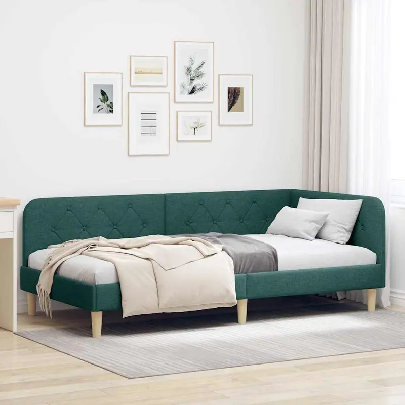 Estructura de cama en esquina Verde oscuro 90 x 190 cm tela