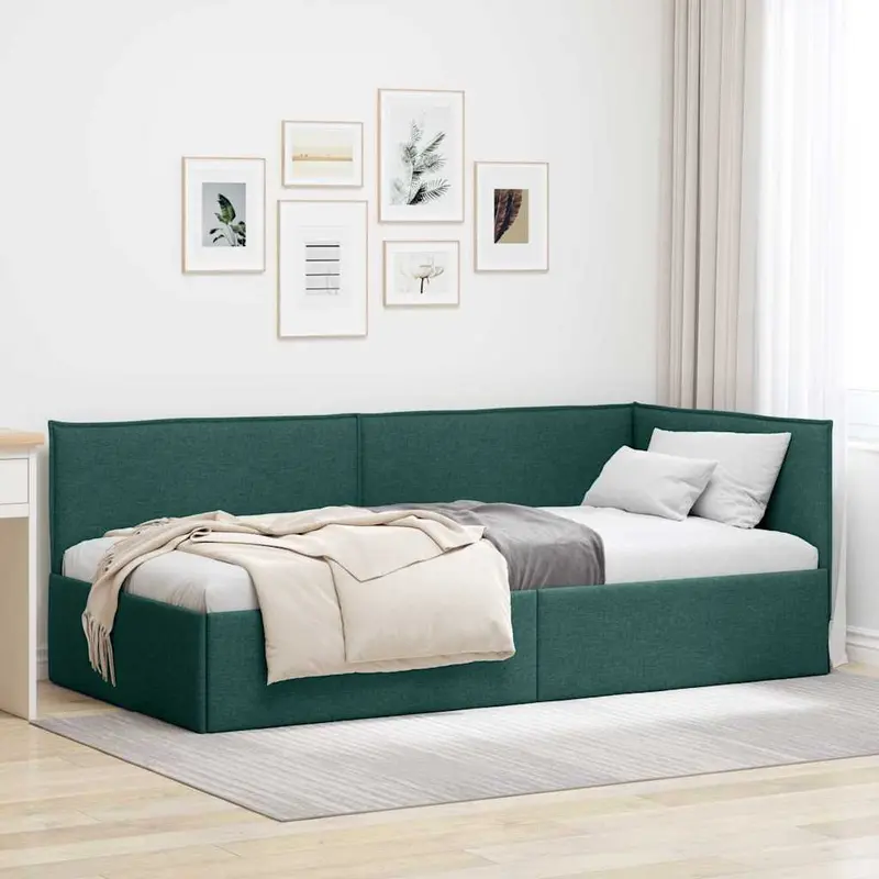 Estructura de cama en esquina Verde oscuro 90 x 200 cm tela