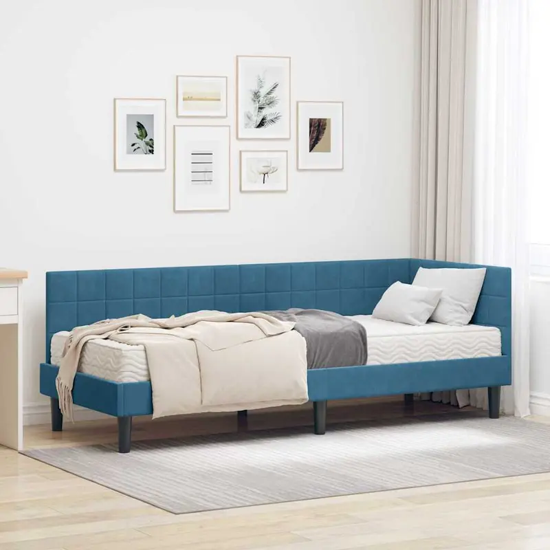 Estructura de Cama Esquina con Colchón 2 pcs Azul Terciopelo
