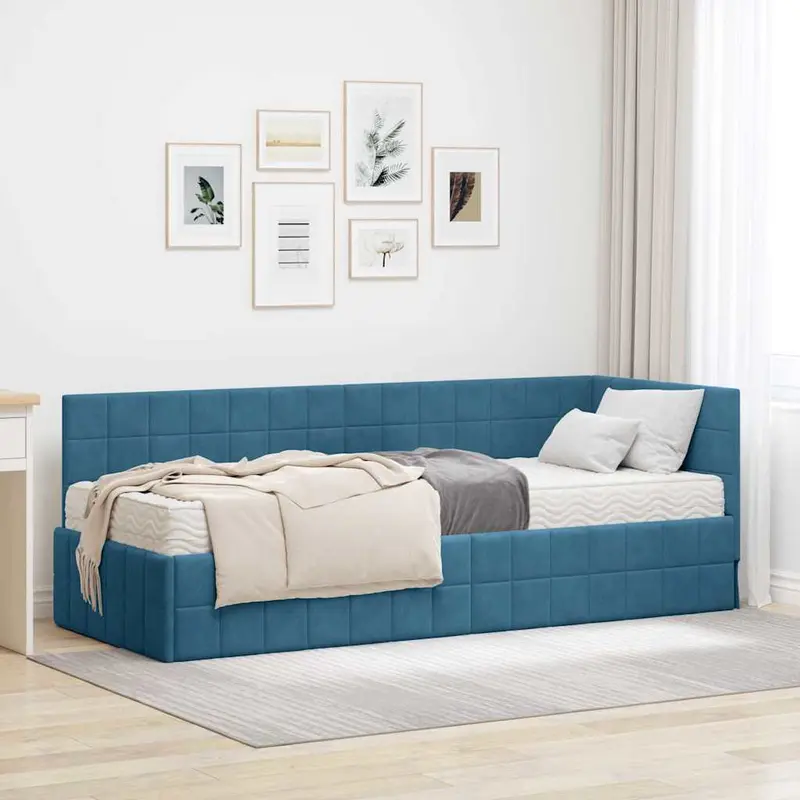 Estructura de Cama Esquina con Colchón 2 pcs Azul Terciopelo