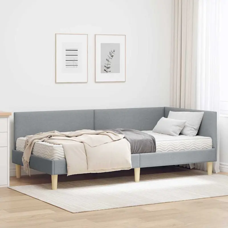 Estructura de Cama Esquina con Colchón 2 pcs Gris Claro tela