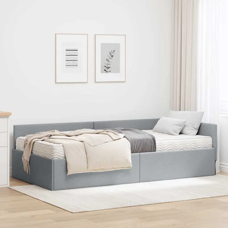 Estructura de Cama Esquina con Colchón 2 pcs Gris Claro tela
