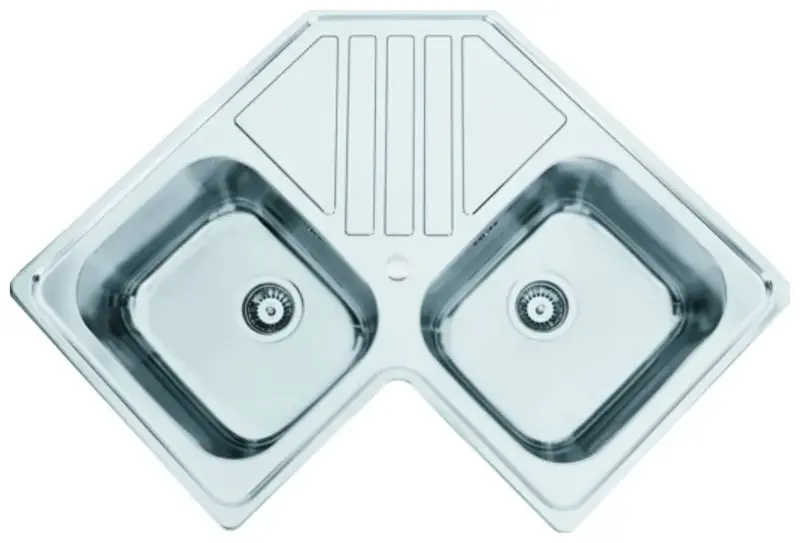 Fregadero angular de dos senos de acero inoxidable con escurridor sobre encimera acabado pulido Oki de Aquore