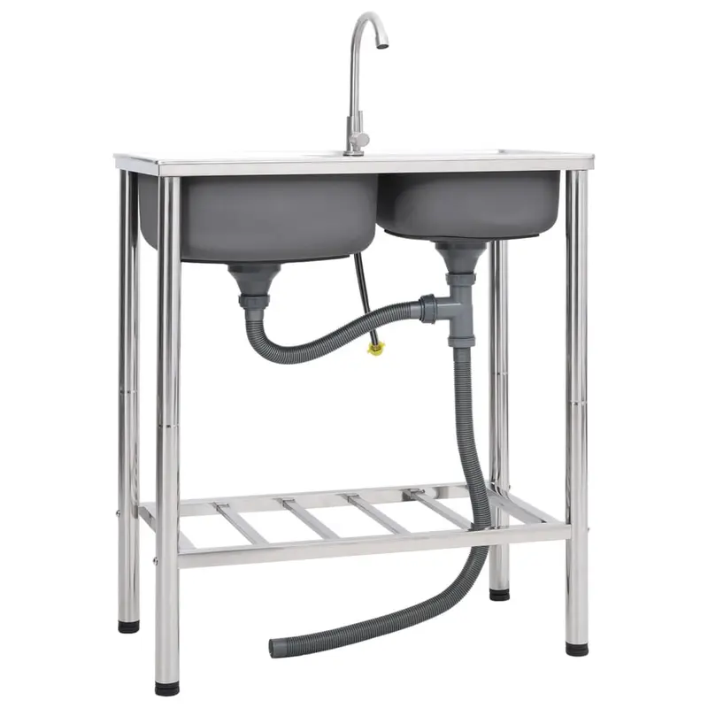 Fregadero de camping doble seno y grifo acero inoxidable