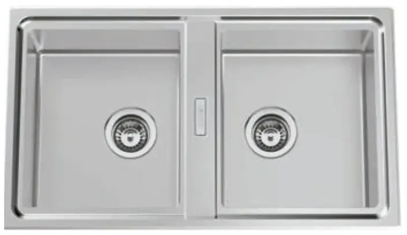 Fregadero de cocina con doble seno de acero inoxidable encastrado al ras con acabado cromado Fussion Class de Aquore