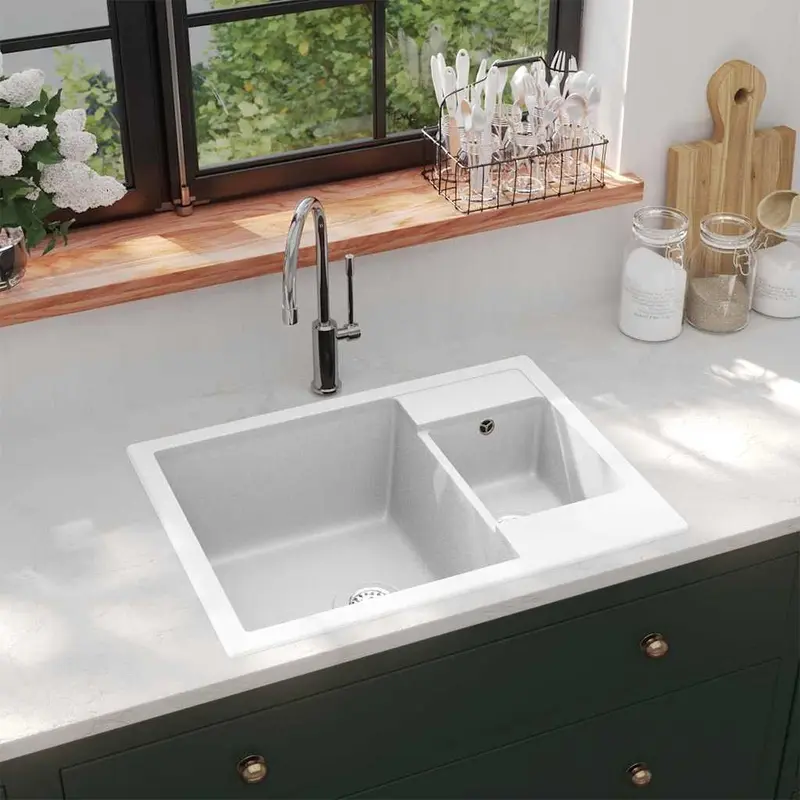 Fregadero de cocina doble seno con rebosadero granito blanco