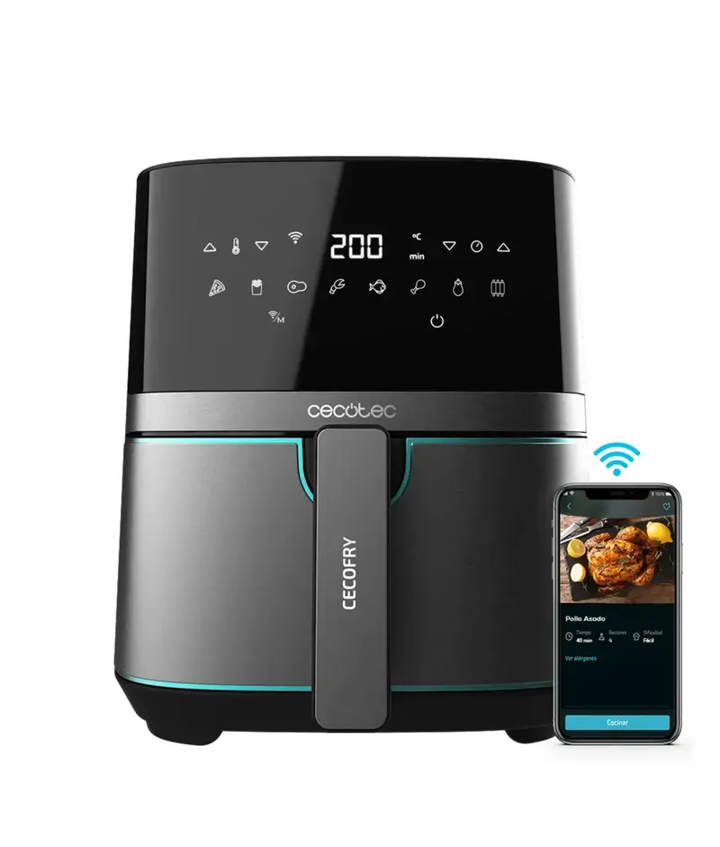 Freidora de Aire Inoxidable 5.5L con Conectividad APP para Cocina Saludable de Cecotec