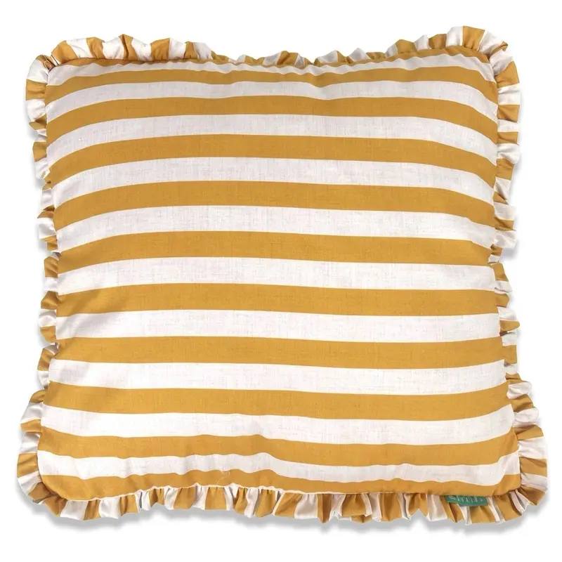 Funda Cojín con Platabanda y Volante a Rayas Amarillo
