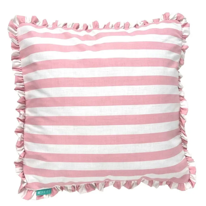 Funda Cojín con Platabanda y Volante a Rayas Rosa