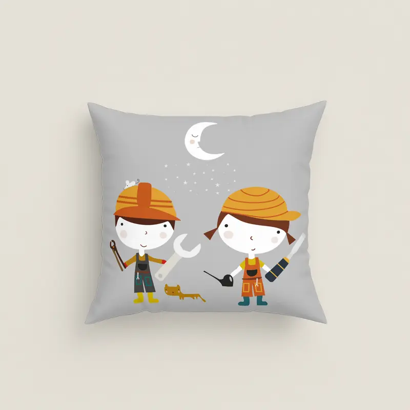 FUNDA DE COJÍN INFANTIL ESTAMPADO HERRAMIENTAS 100% ALGODÓN