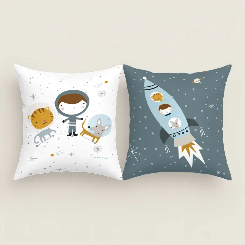 FUNDA DE COJÍN INFANTIL ESTAMPADO VIAJE ESPACIAL 100% ALGODÓN