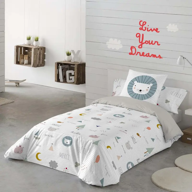 FUNDA NÓRDICA ESTAMPADA INFANTIL SE FELIZ 100% ALGODÓN
