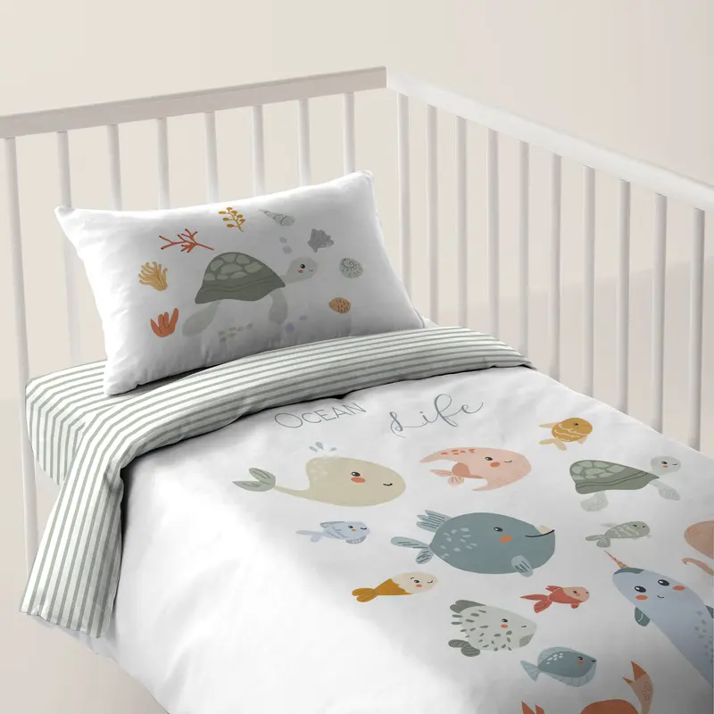 FUNDA NÓRDICA REVERSIBLE CUNA BEBÉ OCEAN LIFE 100% ALGODÓN