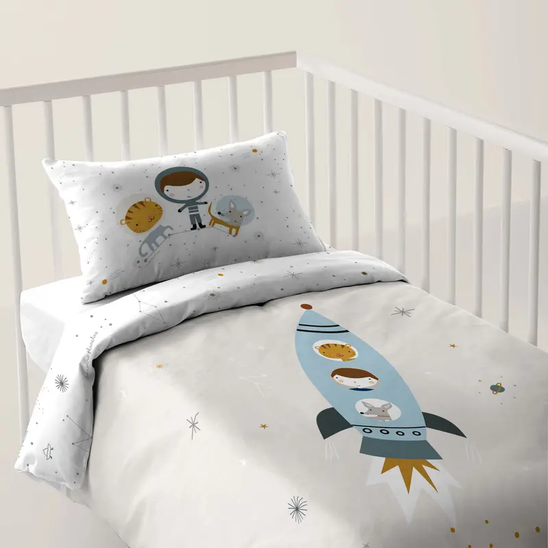 FUNDA NÓRDICA REVERSIBLE CUNA BEBÉ VIAJE ESPACIAL 100% ALGODÓN