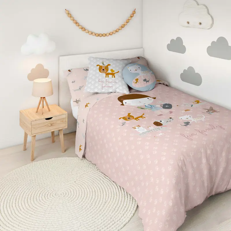FUNDA NÓRDICA REVERSIBLE ESTAMPADA INFANTIL AMIGOS PELUDOS 100% ALGODÓN