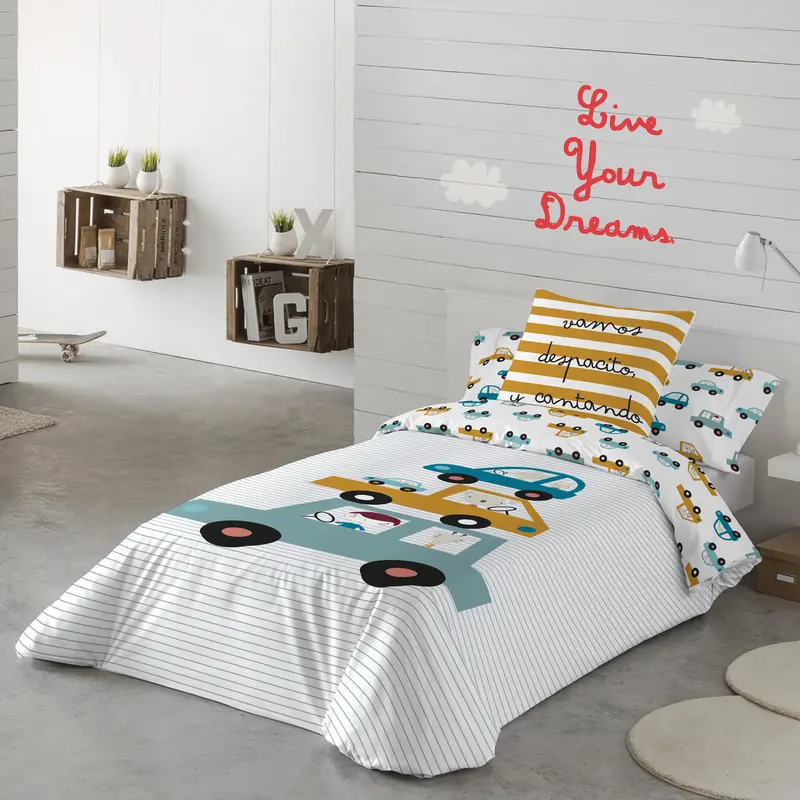 FUNDA NÓRDICA REVERSIBLE ESTAMPADA INFANTIL COCHES 100% ALGODÓN