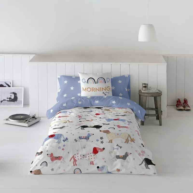 FUNDA NÓRDICA REVERSIBLE ESTAMPADA INFANTIL DOGGY PATCH 100% ALGODÓN