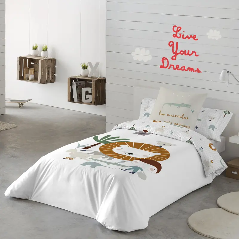 FUNDA NÓRDICA REVERSIBLE ESTAMPADA INFANTIL JUNGLA NIÑO 100% ALGODÓN