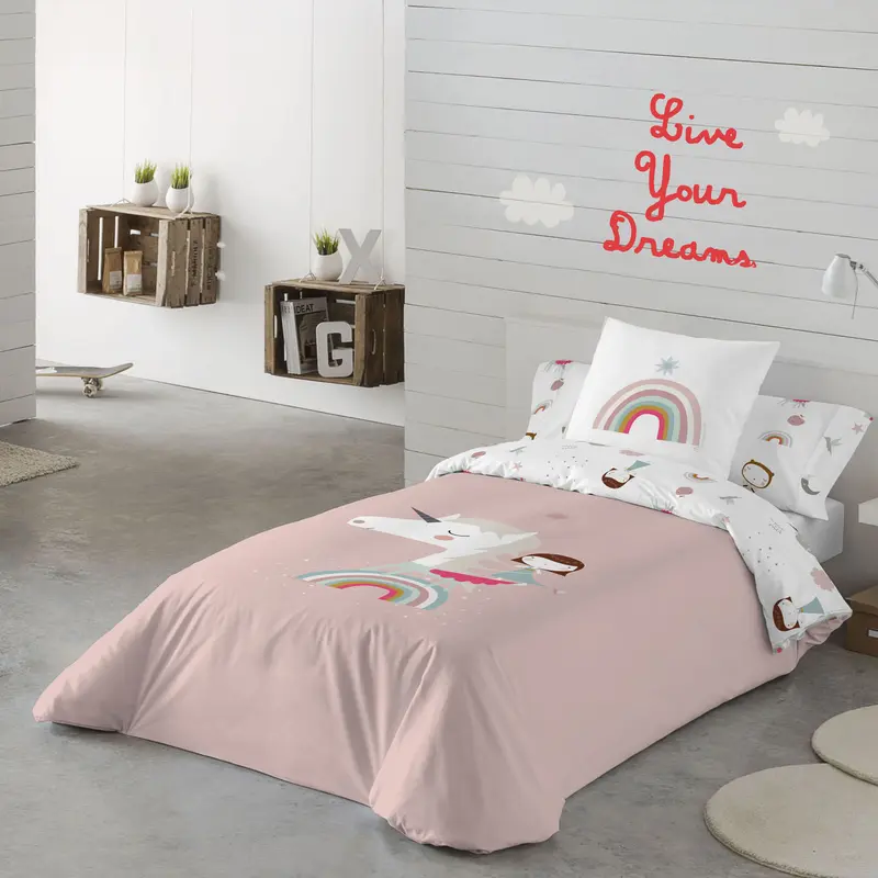 FUNDA NÓRDICA REVERSIBLE ESTAMPADA INFANTIL UNICORN PINK 100% ALGODÓN