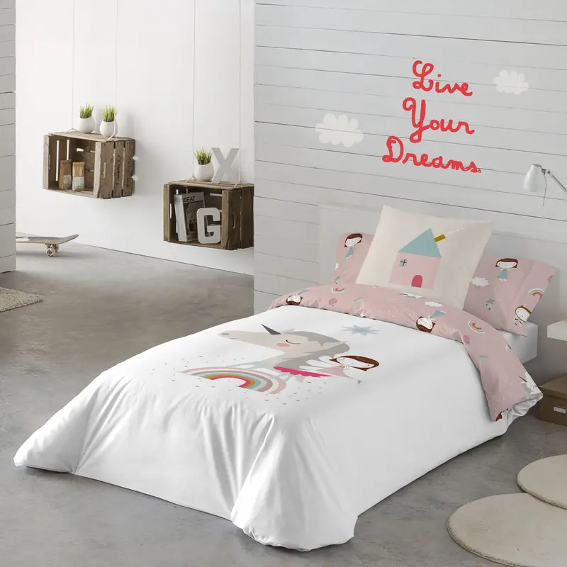 FUNDA NÓRDICA REVERSIBLE ESTAMPADA INFANTIL UNICORN WHITE 100% ALGODÓN