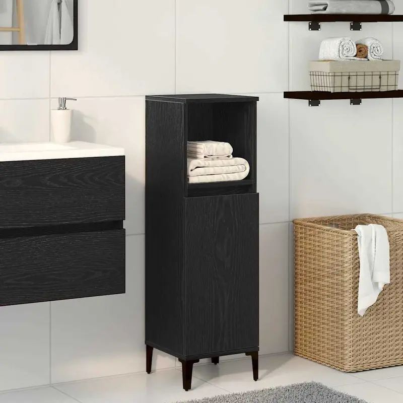 Gabinete de Baño con estante Roble Negro 30 x 30 x 100 cm