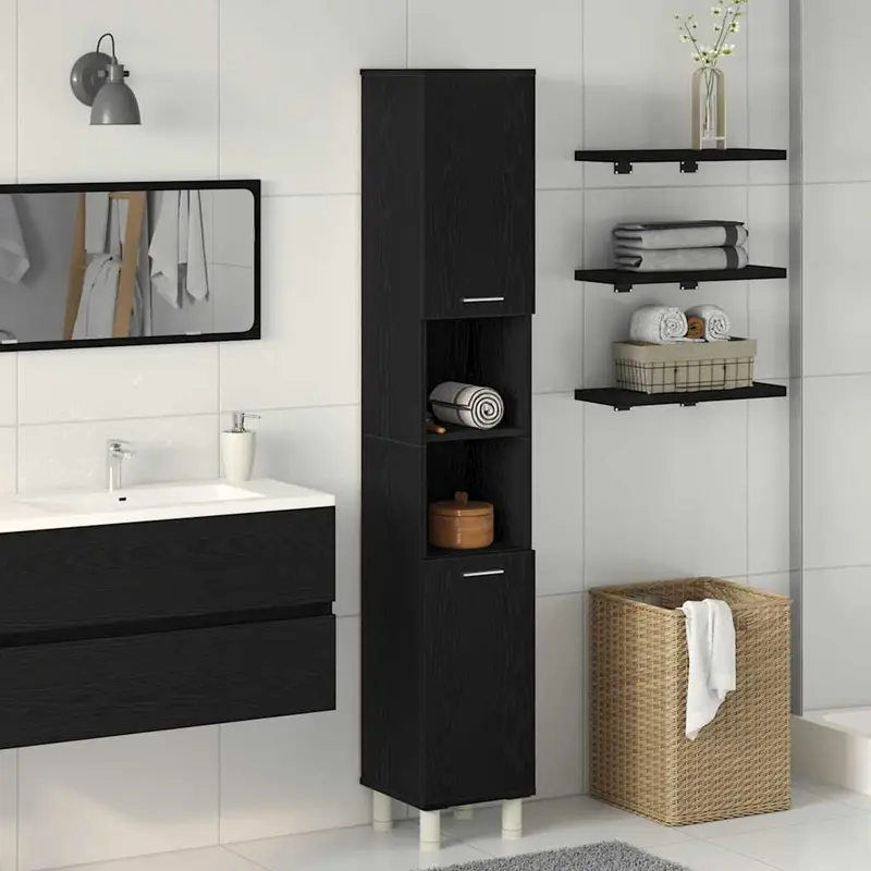 Gabinete de Baño con estante Roble Negro 30 x 30 x 179 cm