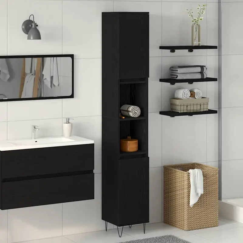 Gabinete de Baño con estante Roble Negro 30 x 30 x 190 cm