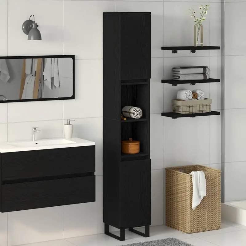 Gabinete de Baño con estante Roble Negro 30 x 30 x 190 cm