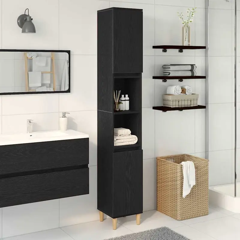 Gabinete de Baño con estante Roble Negro 30 x 30 x 190 cm