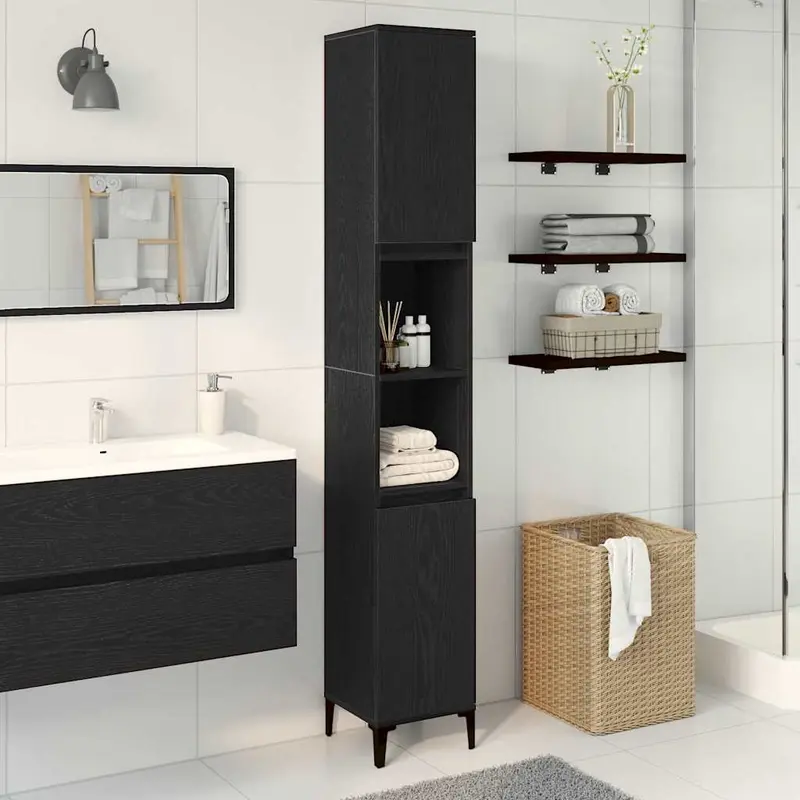 Gabinete de Baño con estante Roble Negro 30 x 30 x 190 cm