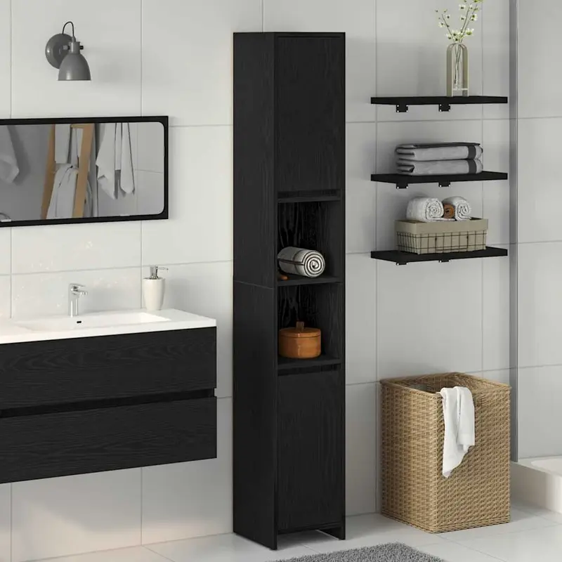 Gabinete de Baño con puerta Roble Negro 30 x 30 x 183,5 cm