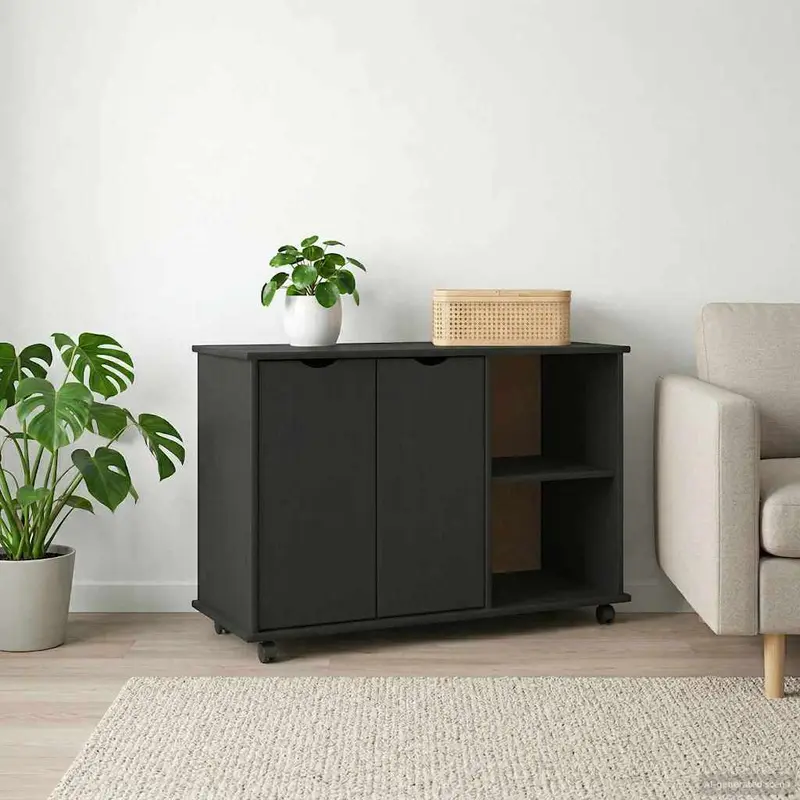 Gabinete rodante Negro 100 x 39 x 65,5 cm Madera de Pino Macizo