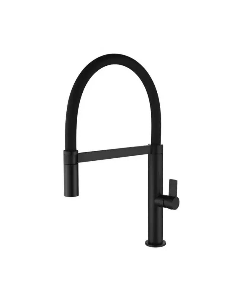 Grifo alto de cocina de color negro mate con manguera extraíble de la marca Laos de Imex