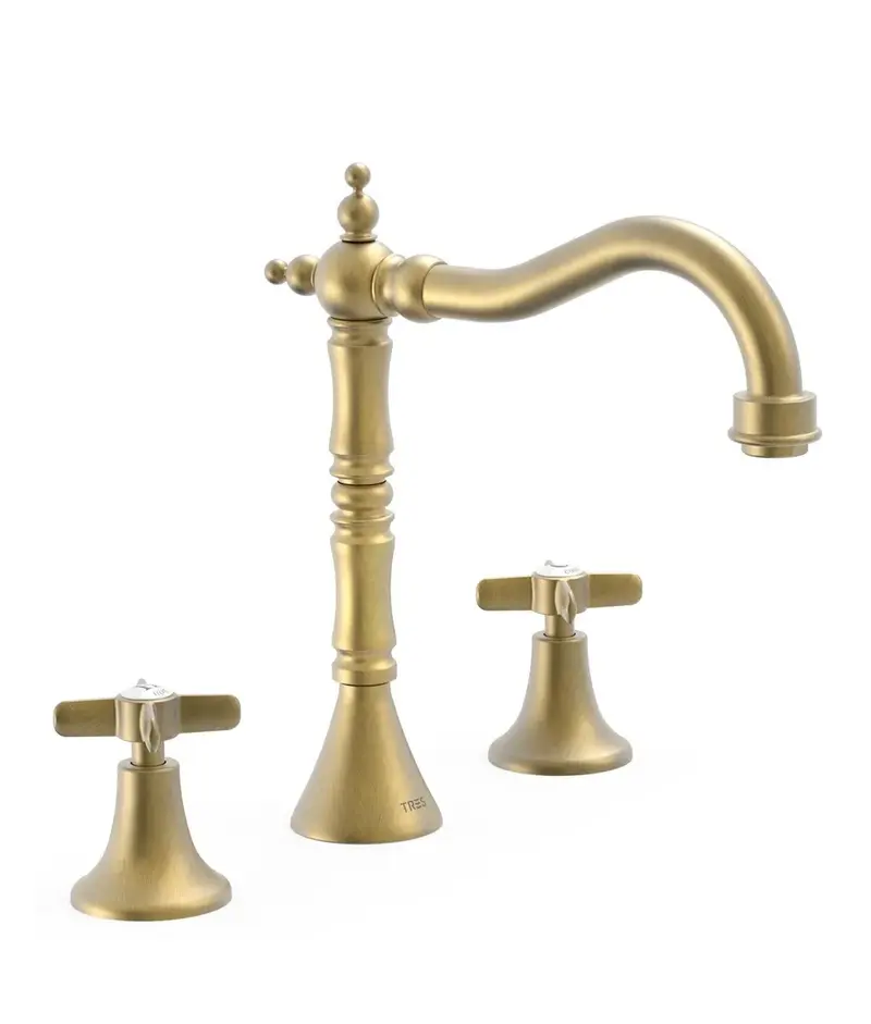 Grifo bimando de repisa para lavabo de latón con acabado viejo mate e instalación libre Clasic TRES