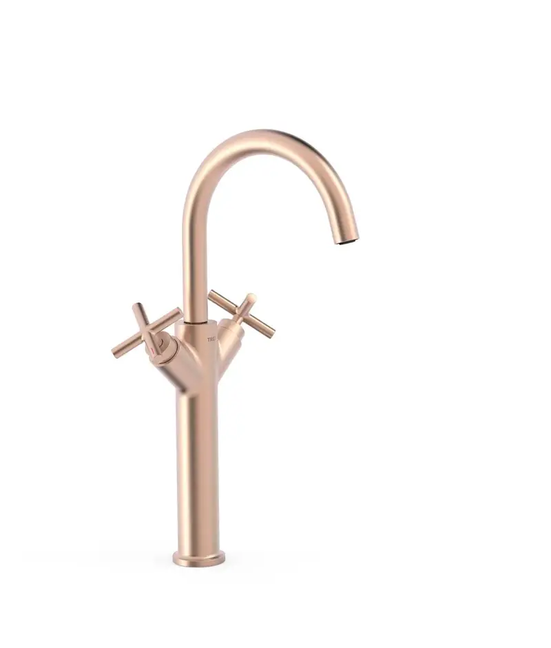 Grifo bimando extra alto para lavabo con volantes en latón acabado oro rosa mate MONTBLANC TRES