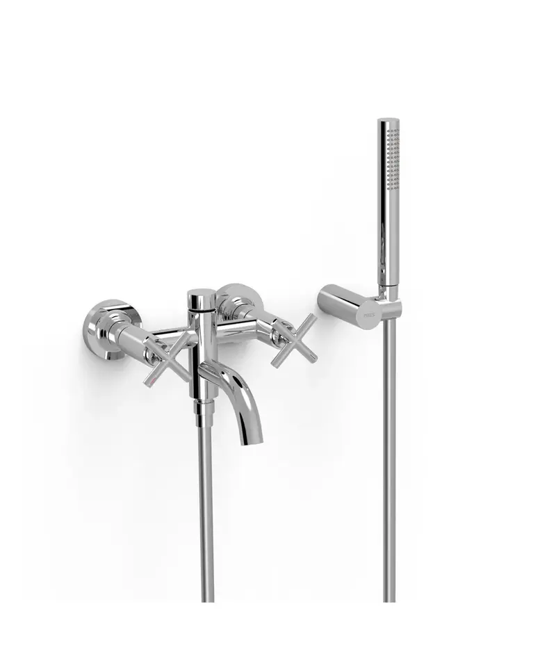 Grifo bimando mural de latón con acabado cromado para bañera con ducha de mano y caño MONTBLANC TRES