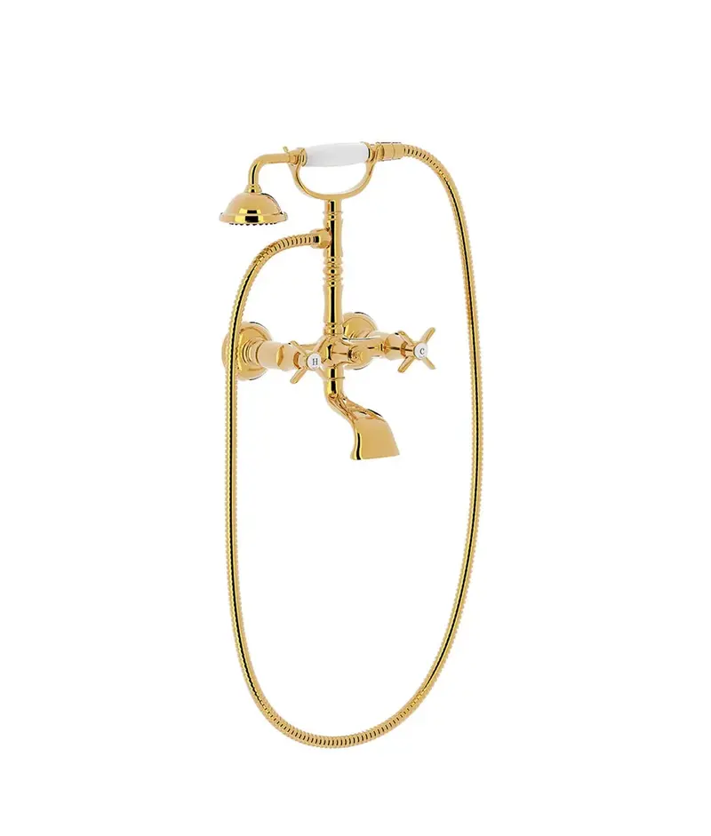 Grifo bimando mural para bañera y ducha con salida en cascada y acabado dorado Tres Clasic Tres