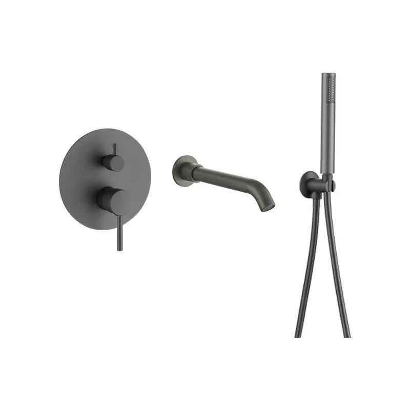 Grifo de bañera empotrado moderno gun metal dos vias dos salidas alcachofa y caño 21 cm flexo 150 cm Jucar de Valaz