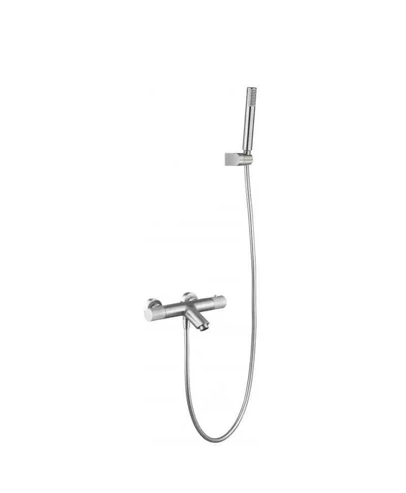 Grifo de bañera y ducha termostático con un diseño moderno de acabado níquel cepillado Line de Imex