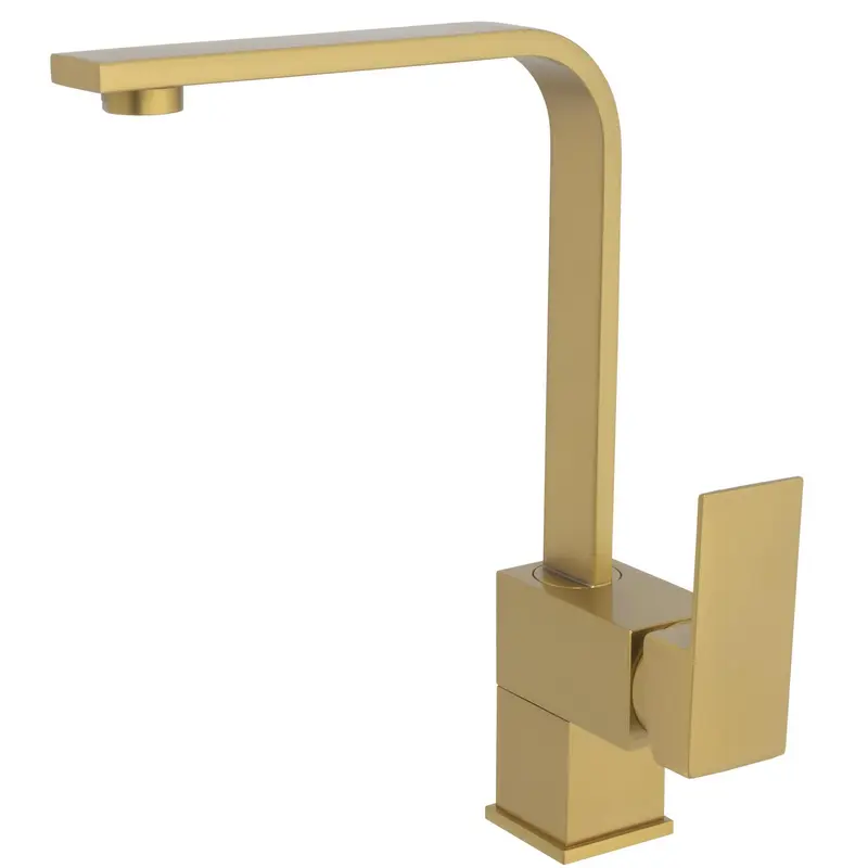 Grifo de cocina cuadrado monomando con caño alto giratorio en oro mate Lor de Valaz