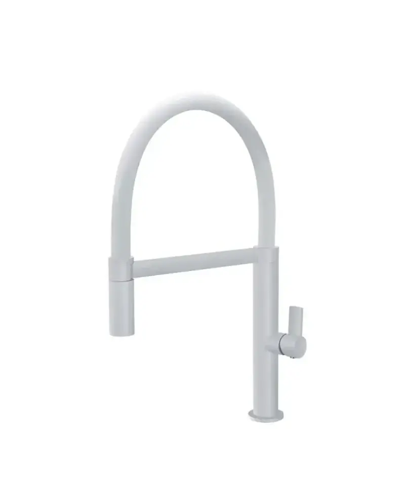 Grifo de cocina monomando de caño alto fabricado en latón color blanco mate Laos de Imex